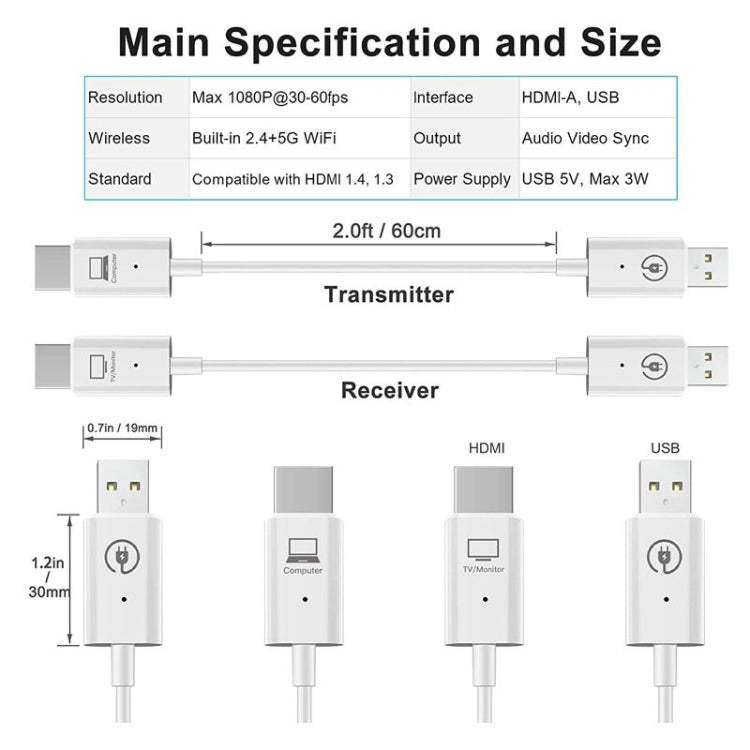 Kit de transmisor y receptor HDMI inalámbrico, adaptador extensor inalámbrico HDMI, proyección de audio de video 1080P 60fps para PC, computadora portátil, cámara a HDTV / proyector