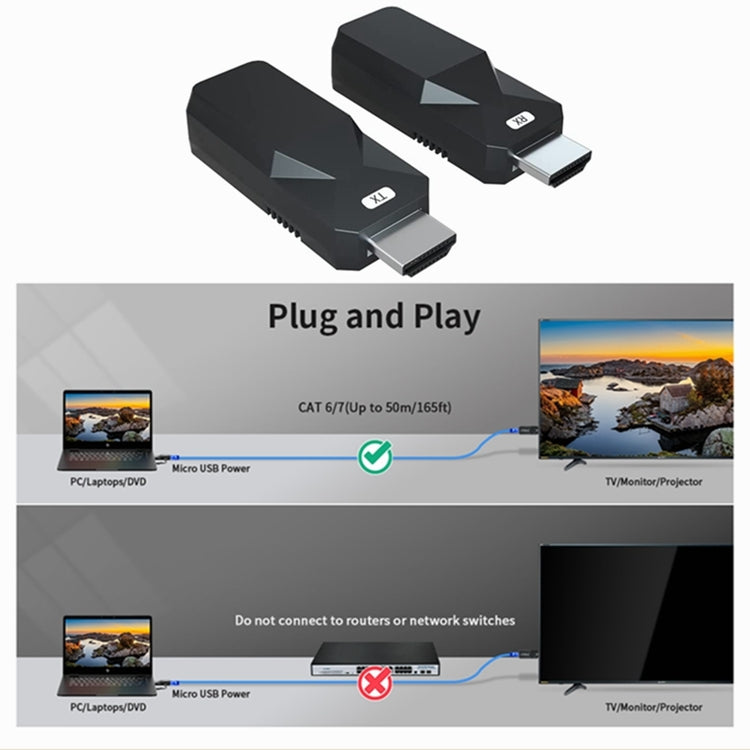 Extensor HDMI 165ft Audio Video 1080P sobre Cat5 Cat6 Cable Ethernet Transmitir señal sin pérdidas HDMI Adaptador de extensión de larga distancia