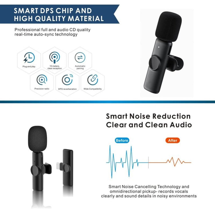 Micrófono de solapa Lavalier inalámbrico para teléfono Android y computadora con receptor USB-C / Type-C, One by One, One by Two