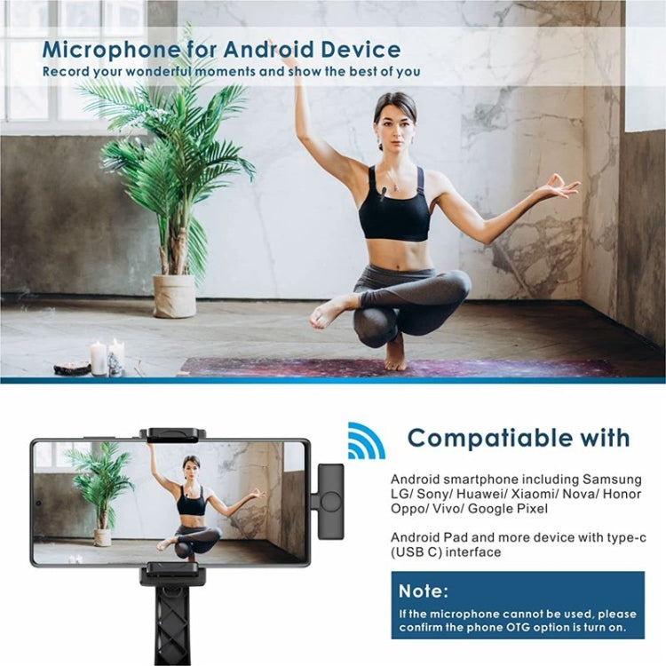Micrófono de solapa Lavalier inalámbrico para teléfono Android y computadora con receptor USB-C / Type-C, One by One, One by Two