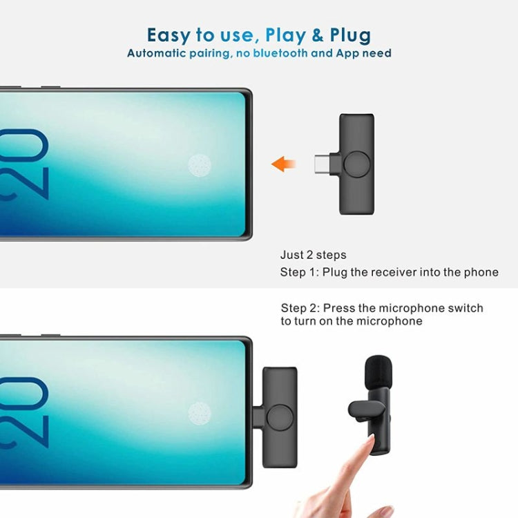 Micrófono de solapa Lavalier inalámbrico para teléfono Android y computadora con receptor USB-C / Type-C, One by One, One by Two