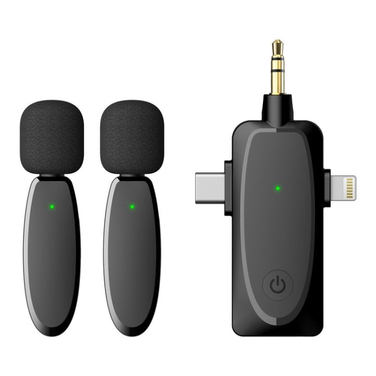 Mini micrófonos Lavalier inalámbricos 3 en 1 para iPhone / Android / Cámara con función de reducción de ruido, One by Two