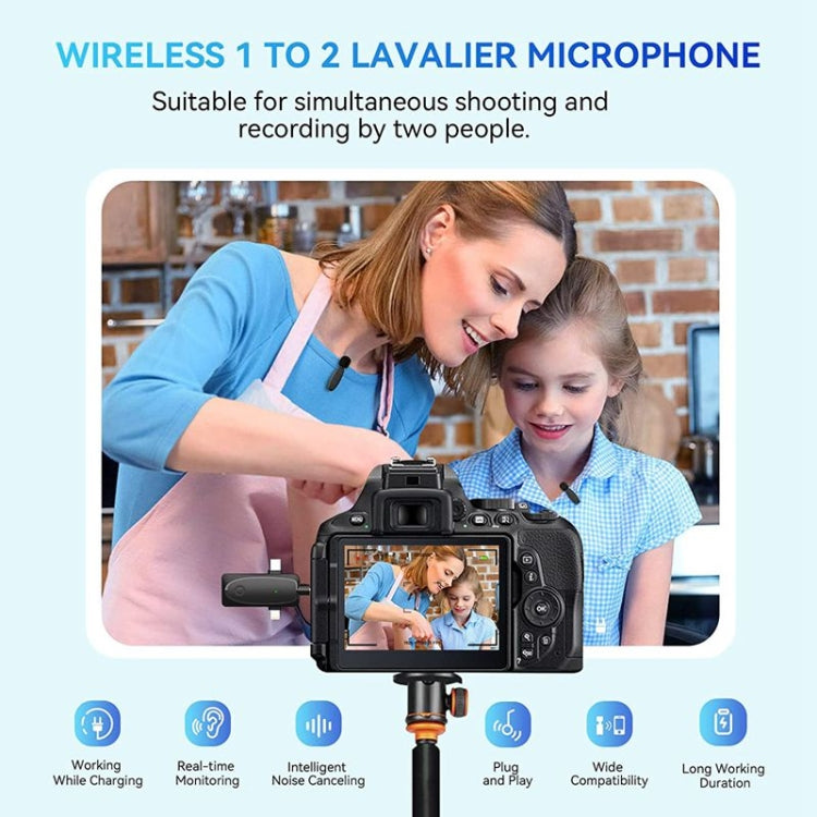 Mini micrófonos Lavalier inalámbricos 3 en 1 para iPhone / Android / Cámara con función de reducción de ruido, One by Two