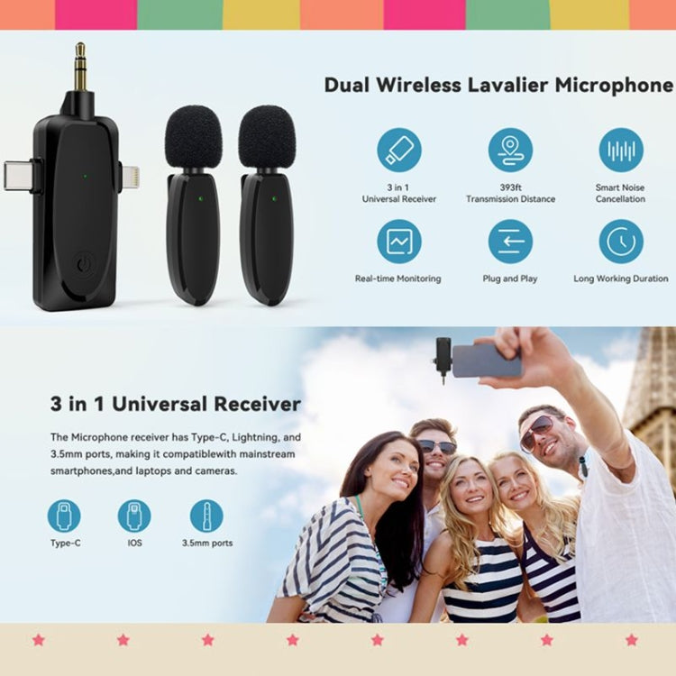 Mini micrófonos Lavalier inalámbricos 3 en 1 para iPhone / Android / Cámara con función de reducción de ruido, One by Two