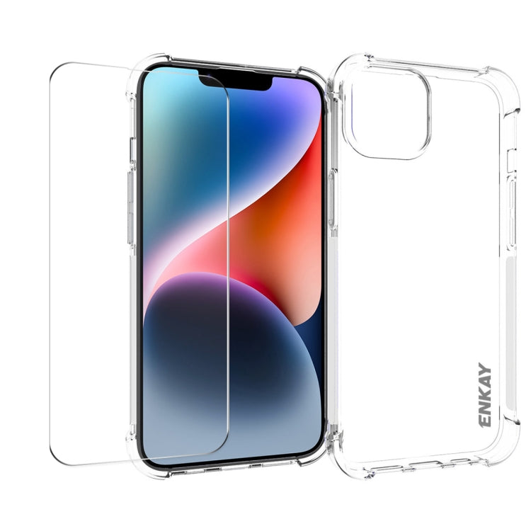 ENKAY Funda de teléfono transparente de TPU a prueba de golpes con película de vidrio, For iPhone 14 Plus, For iPhone 15 Pro Max, For iPhone 14, For iPhone 15 Pro, For iPhone 14 Pro, For iPhone 15 Plus, For iPhone 14 Pro Max, For iPhone 15