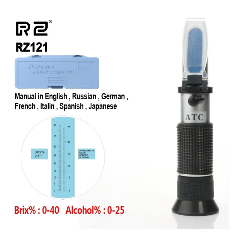 Refractómetro de Alcohol, concentración de vino de uva y azúcar, 0 ~ 25% de Alcohol, 0 ~ 40%, medidor Brix, herramienta portátil ATC RZ121