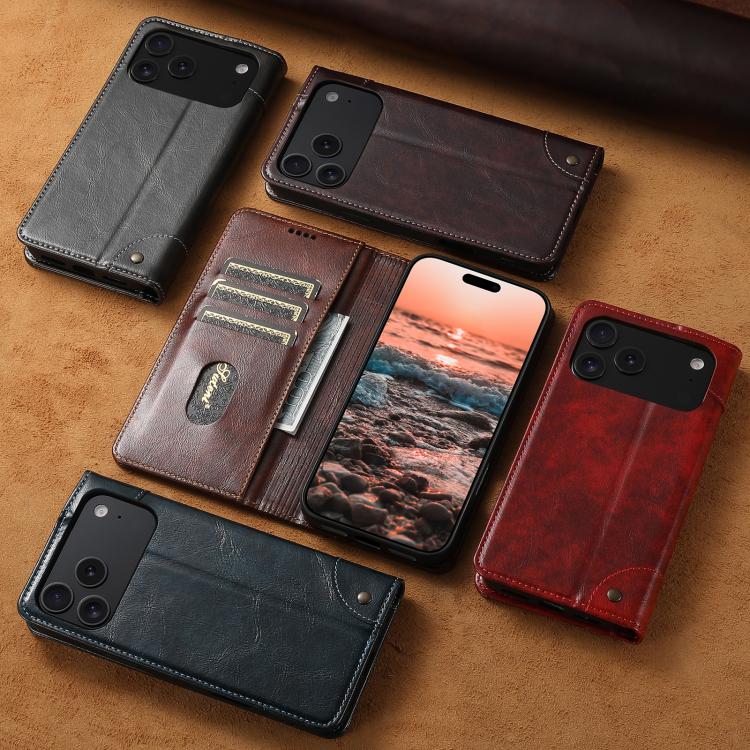 Suteni Funda para teléfono de cuero con hebilla y textura de becerro barroca, For iPhone 15