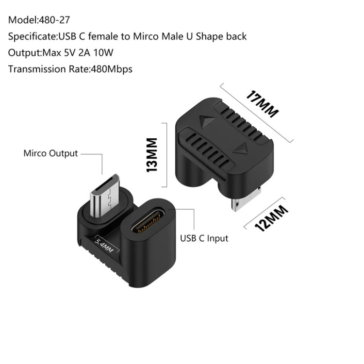 Adaptador tipo C hembra a Micro USB macho Transmisión de carga de datos, Type-C Female to Micro Male U Shape Back, Type-C Female to Micro Male U Shape Front, Type-C Female to Micro Male Right Bend, Type-C Female to Micro Male Left Bend