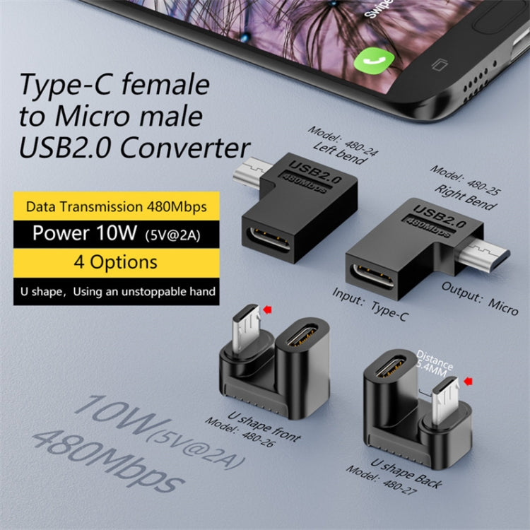 Adaptador tipo C hembra a Micro USB macho Transmisión de carga de datos, Type-C Female to Micro Male U Shape Back, Type-C Female to Micro Male U Shape Front, Type-C Female to Micro Male Right Bend, Type-C Female to Micro Male Left Bend
