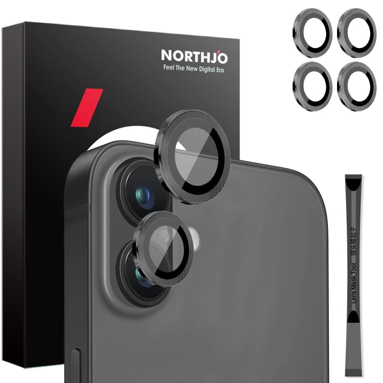 NORTHJO 2 juegos de 4 piezas de cubierta protectora de lente de cámara con anillo de película de metal, For iPhone 16 / 16 Plus