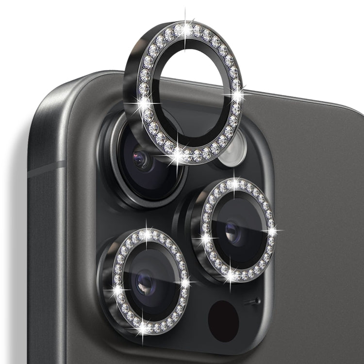 Protector de lente de cámara con diamantes de imitación NORTHJO, película de anillo de metal de vidrio templado, For iPhone 16 Pro / 16 Pro Max