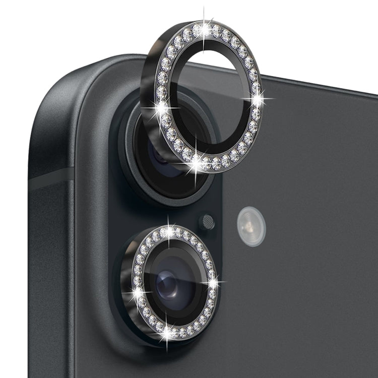 Protector de lente de cámara con diamantes de imitación NORTHJO, película de anillo de metal de vidrio templado, For iPhone 16 / 16 Plus