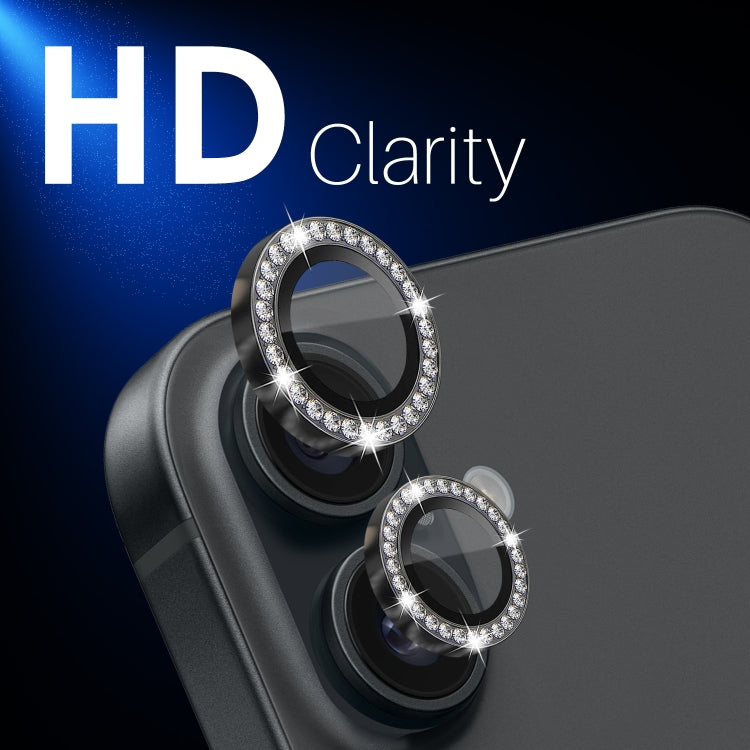 Protector de lente de cámara con diamantes de imitación NORTHJO, película de anillo de metal de vidrio templado, For iPhone 16 / 16 Plus