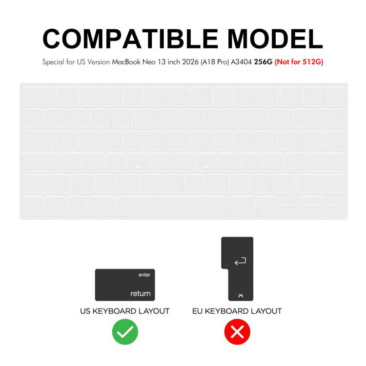 Película protectora de teclado de TPU suave ENKAY versión estadounidense, For MacBook Neo 13 inch 2026 (A18 Pro) A3404 256G, For MacBook Pro 14.2 / 16.2 / Air 13.6 / 15.3