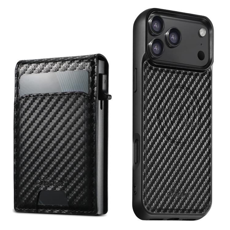 Estuche para teléfono Suteni H19 Carbon Fiber Grain 2 en 1 con tapa extraíble y ranura para tarjetas MagSafe, For iPhone 17 Pro Max, For iPhone 17 Pro, For iPhone 17, For iPhone Air, For iPhone 16 Pro Max, For iPhone 16 Pro, For iPhone 16 Plus         ...