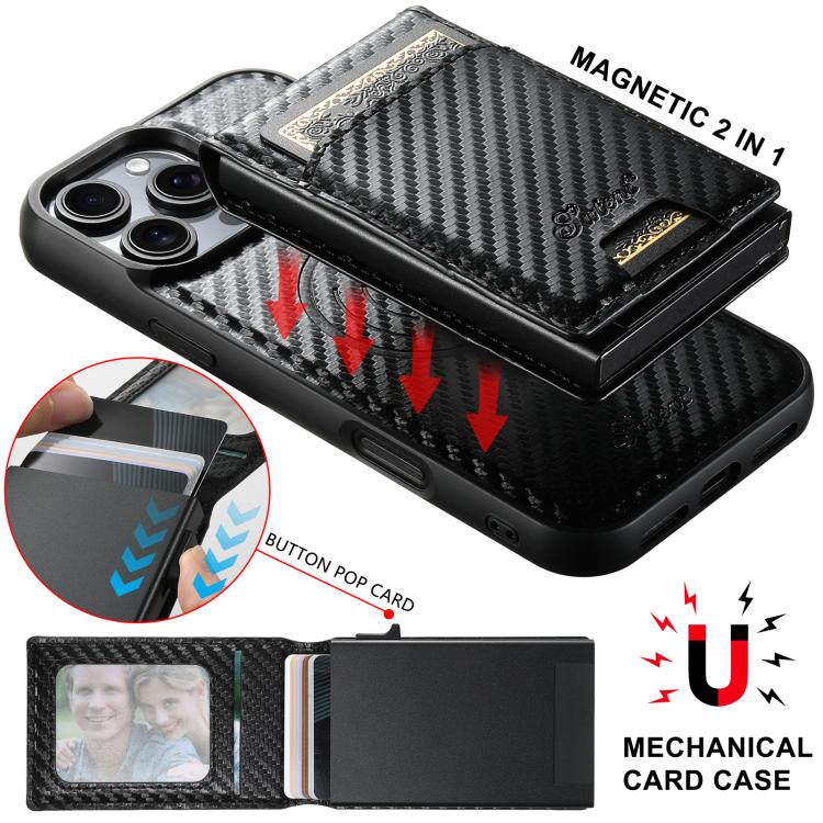 Estuche para teléfono Suteni H19 Carbon Fiber Grain 2 en 1 con tapa extraíble y ranura para tarjetas MagSafe, For iPhone 17 Pro Max, For iPhone 17 Pro, For iPhone 17, For iPhone Air, For iPhone 16 Pro Max, For iPhone 16 Pro, For iPhone 16 Plus         ...