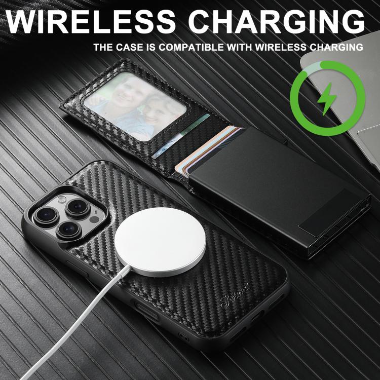 Estuche para teléfono Suteni H19 Carbon Fiber Grain 2 en 1 con tapa extraíble y ranura para tarjetas MagSafe, For iPhone 17 Pro Max, For iPhone 17 Pro, For iPhone 17, For iPhone Air, For iPhone 16 Pro Max, For iPhone 16 Pro, For iPhone 16 Plus         ...