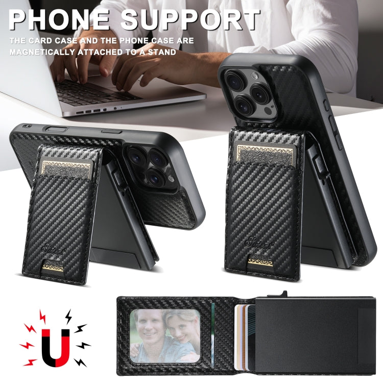 Estuche para teléfono Suteni H19 Carbon Fiber Grain 2 en 1 con tapa extraíble y ranura para tarjetas MagSafe, For iPhone 17 Pro Max, For iPhone 17 Pro, For iPhone 17, For iPhone Air, For iPhone 16 Pro Max, For iPhone 16 Pro, For iPhone 16 Plus         ...