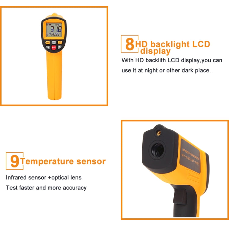 Termómetro infrarrojo GM1150A 50:1 -18 ~ 1150 grados Celsius LCD medidor de temperatura Digital pirómetro Industrial 0,1 ~ 1EM ajustable, GM1150A Yellow