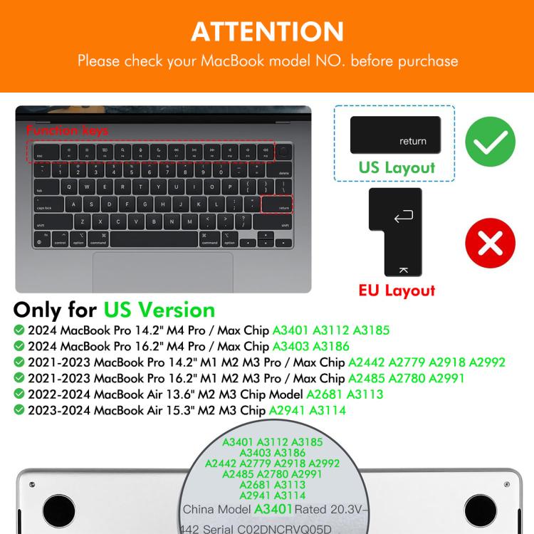 Funda para teclado ENKAY versión estadounidense con película protectora de silicona suave, For MacBook Air 13.6 / 15.3 ＆ Pro 14.2 / 16.2, For MacBook Pro 13.3 (A2289/A2338) / Pro 16 (A2141)