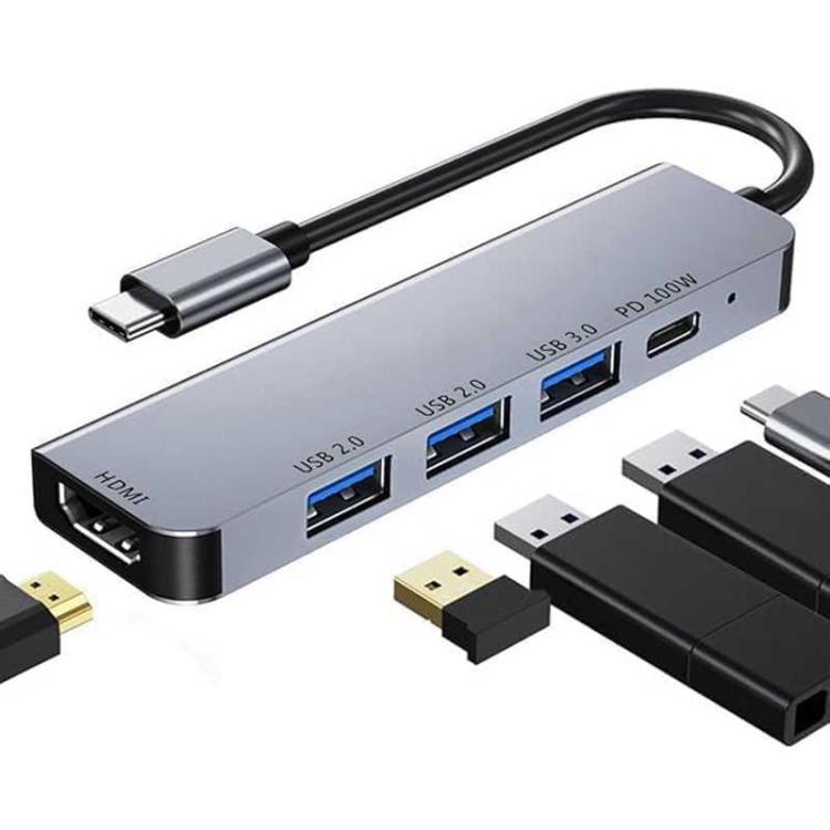 Adaptador concentrador multipuerto tipo C a HDMI, concentrador USB C 5 en 1 con pantalla HDMI 4K, USB 3.0, carga PD de 100 W