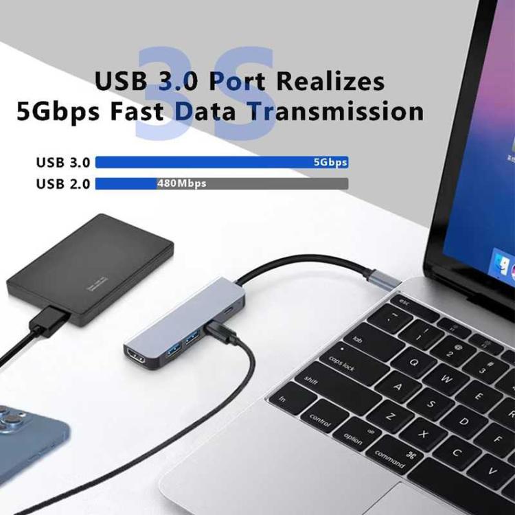 Adaptador concentrador multipuerto tipo C a HDMI, concentrador USB C 5 en 1 con pantalla HDMI 4K, USB 3.0, carga PD de 100 W