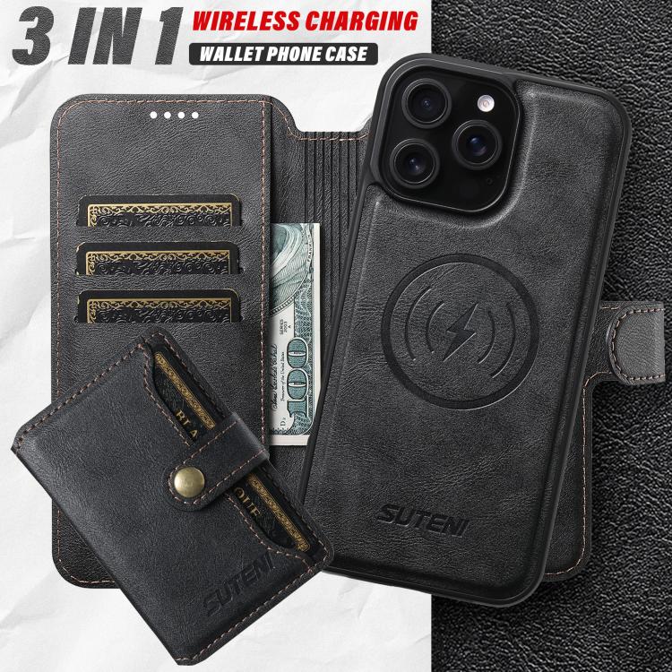 Funda de cuero para teléfono Suteni Q05S1 3 en 1 con cartera desmontable y MagSafe, For iPhone 13 Pro Max, For iPhone 13 Pro, For iPhone 13, For iPhone 12, For iPhone 12 Pro Max, For iPhone 12 Pro