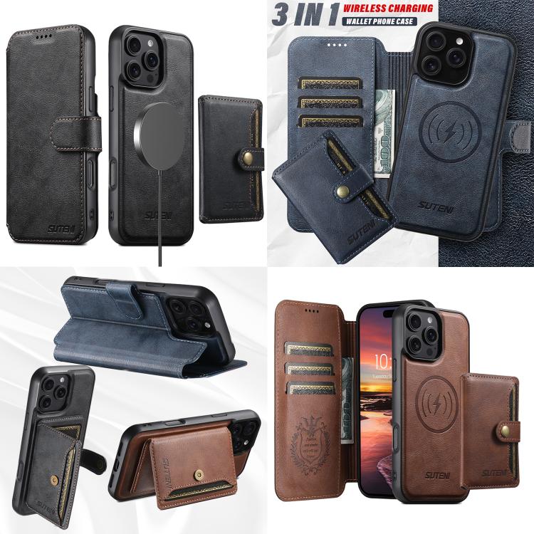Funda de cuero para teléfono Suteni Q05S1 3 en 1 con cartera desmontable y MagSafe, For iPhone 13 Pro Max, For iPhone 13 Pro, For iPhone 13, For iPhone 12, For iPhone 12 Pro Max, For iPhone 12 Pro