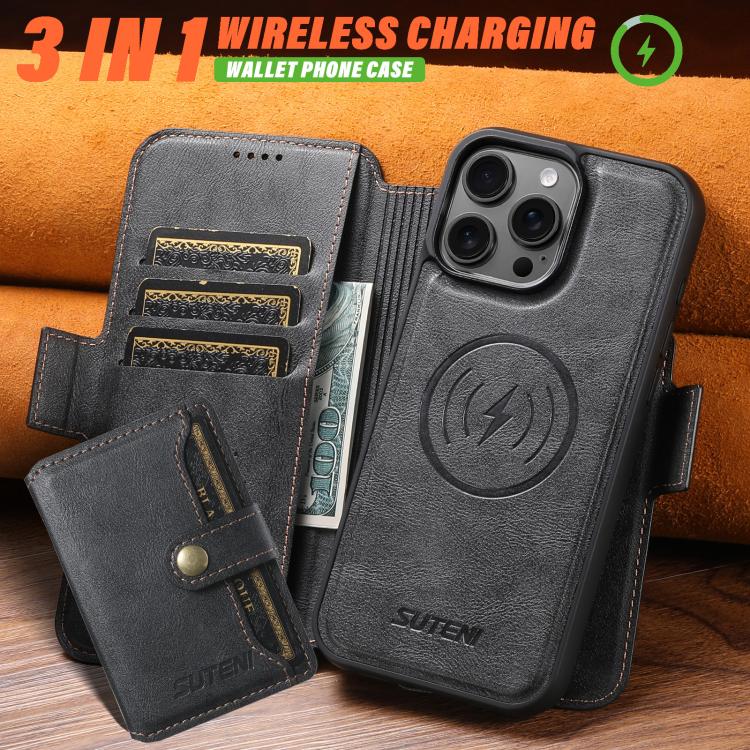 Funda de cuero para teléfono Suteni Q06S1 3 en 1 con diseño desmontable y monedero MagSafe, For iPhone 17 Pro Max, For iPhone 17 Pro, For iPhone 17, For iPhone Air, For iPhone 16 Pro Max, For iPhone 16 Pro, For iPhone 16 Plus, For iPhone 16            ...