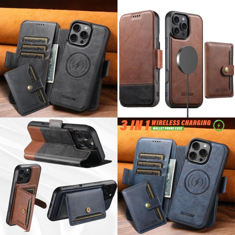 Funda de cuero para teléfono Suteni Q06S1 3 en 1 con diseño desmontable y monedero MagSafe, For iPhone 17 Pro Max, For iPhone 17 Pro, For iPhone 17, For iPhone Air, For iPhone 16 Pro Max, For iPhone 16 Pro, For iPhone 16 Plus, For iPhone 16            ...