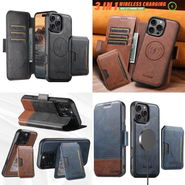 Funda de cuero para teléfono Suteni Q06S3 3 en 1 con tapa abatible vertical desmontable y MagSafe, For iPhone 13 Pro Max, For iPhone 13 Pro, For iPhone 13, For iPhone 12, For iPhone 12 Pro Max, For iPhone 12 Pro