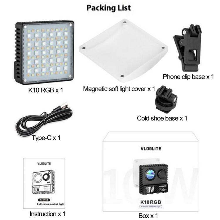 Luz LED RGB ultradelgada de bolsillo VLOGLITE K10RGB para cámara, fotografía, videografía y selfies., K10RGB