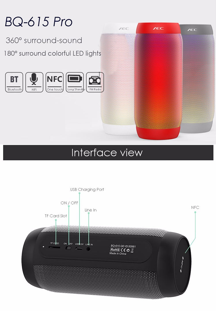 BQ615 PRO Altavoz estéreo HiFi inalámbrico LED colorido, combina Bluetooth + reproductor de tarjetas TF + radio FM + AUX + NFC, BQ615 PRO