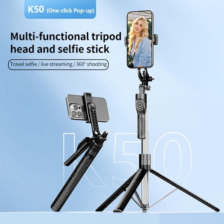 Trípode extensible K50 de 1,9 m para retransmisiones en directo, con doble clip para teléfono y Bluetooth, ideal para selfies., K50 Dual Phone Clip, Dual Phone Clip