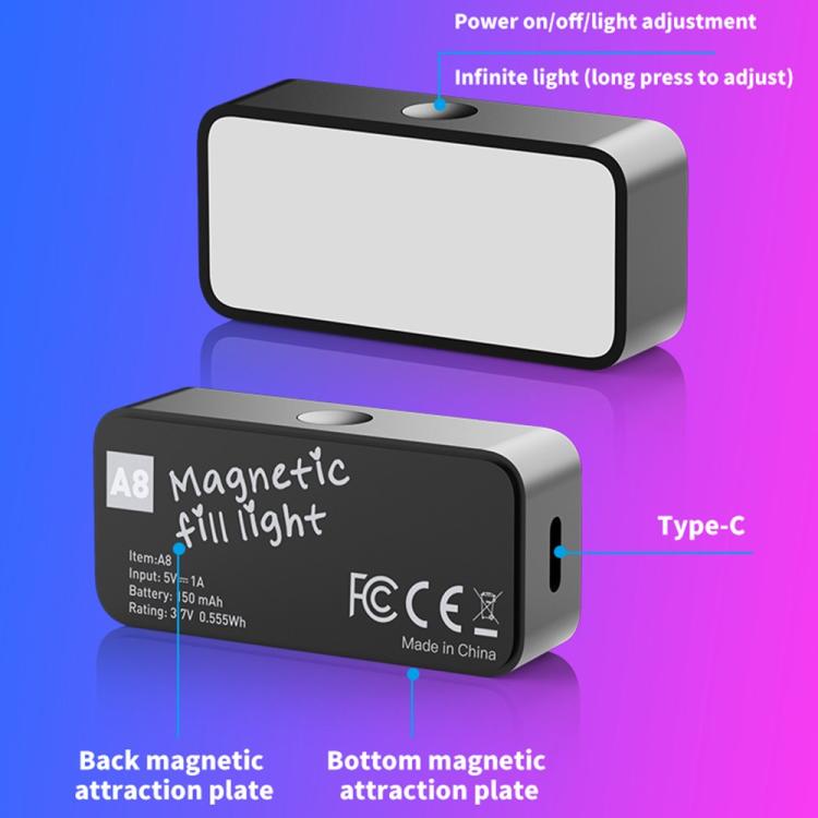 Luz LED portátil mini magnética de bolsillo para fotografía y transmisión de video con teléfono A8