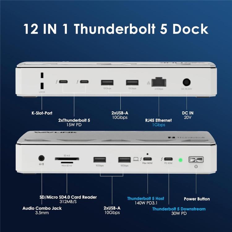 Estación de acoplamiento WAVLINK UTD58 12 en 1, 120 Gbps, 140 W, Thunderbolt 5, US Plug, EU Plug, UK Plug, AU Plug