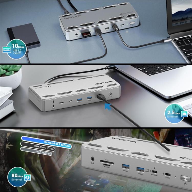 Estación de acoplamiento WAVLINK UTD58 12 en 1, 120 Gbps, 140 W, Thunderbolt 5, US Plug, EU Plug, UK Plug, AU Plug