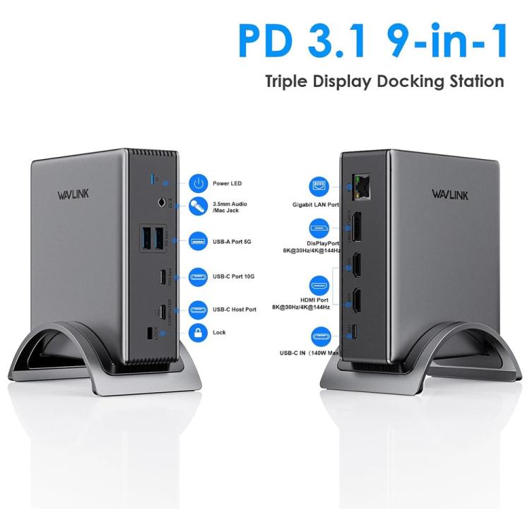 Adaptador WAVLINK UMD27PRO 8K 30Hz / 4K 144Hz 140W PD HUB, US Plug, EU Plug, UK Plug, AU Plug