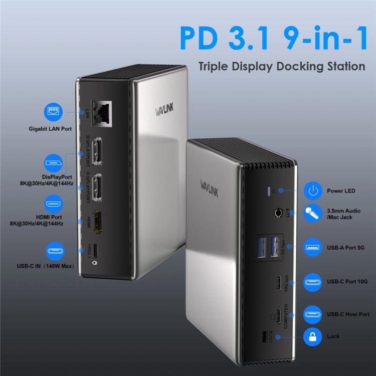 Estación de acoplamiento WAVLINK UMD27PRO compatible con 8K 30Hz y 4K 144Hz, 140W HUB, US Plug, EU Plug, UK Plug, AU Plug
