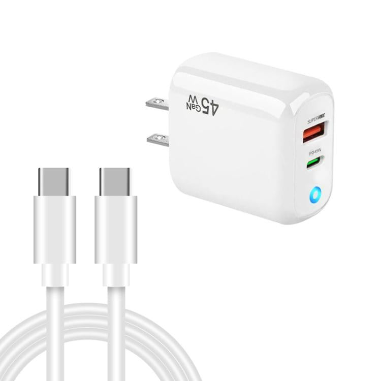 Cargador TE-PD45 GaN de 45 W PD3.0 / Tipo-C + USB 3.0 con cable de datos Tipo-C a Tipo-C, enchufe estadounidense.