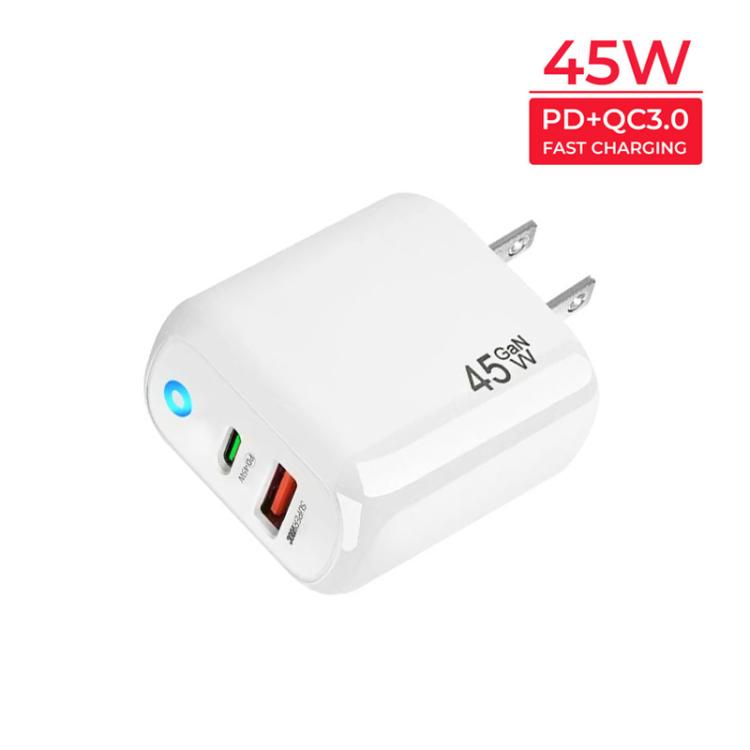Cargador TE-PD45 GaN de 45 W PD3.0 / Tipo-C + USB 3.0 con cable de datos Tipo-C a Tipo-C, enchufe estadounidense.