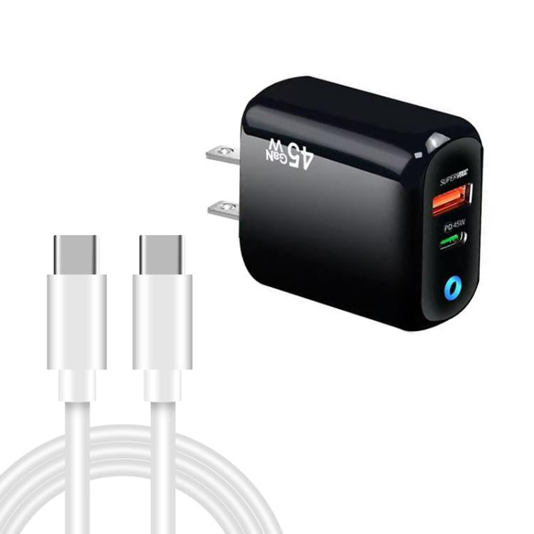 Cargador TE-PD45 GaN de 45 W PD3.0 / Tipo-C + USB 3.0 con cable de datos Tipo-C a Tipo-C, enchufe estadounidense.