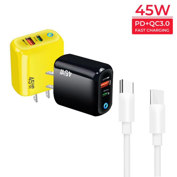 Cargador TE-PD45 GaN de 45 W PD3.0 / Tipo-C + USB 3.0 con cable de datos Tipo-C a Tipo-C, enchufe estadounidense.