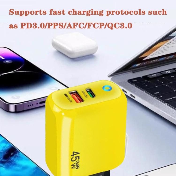 Cargador TE-PD45 GaN de 45 W PD3.0 / Tipo-C + USB 3.0 con cable de datos Tipo-C a Tipo-C, enchufe estadounidense.