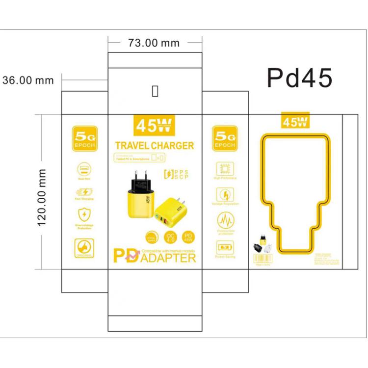 Cargador TE-PD45 GaN de 45 W PD3.0 / Tipo-C + USB 3.0 con cable de datos Tipo-C a Tipo-C, enchufe estadounidense.