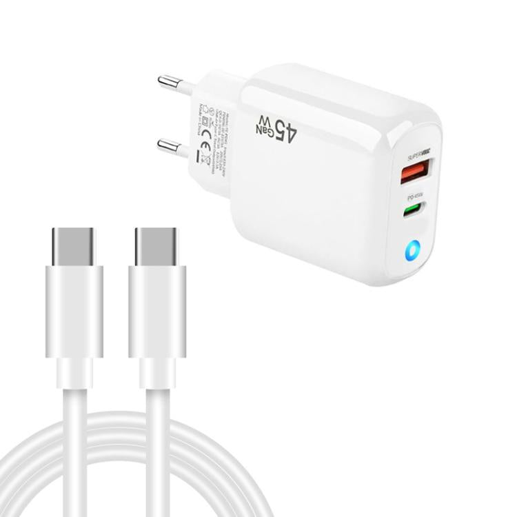 Cargador TE-PD45 GaN de 45 W PD3.0 / Tipo-C + USB 3.0 con cable de datos Tipo-C a Tipo-C, enchufe europeo.