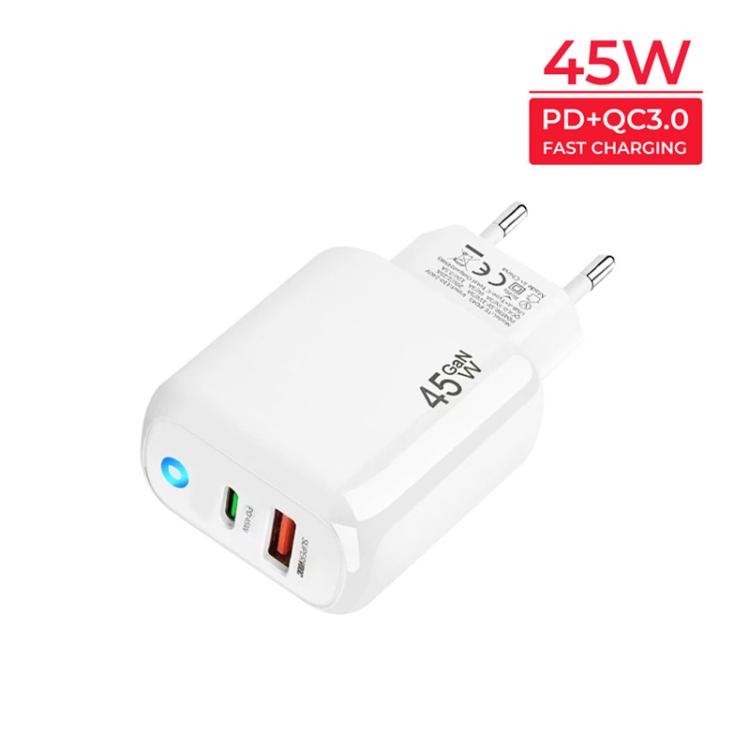 Cargador TE-PD45 GaN de 45 W PD3.0 / Tipo-C + USB 3.0 con cable de datos Tipo-C a Tipo-C, enchufe europeo.