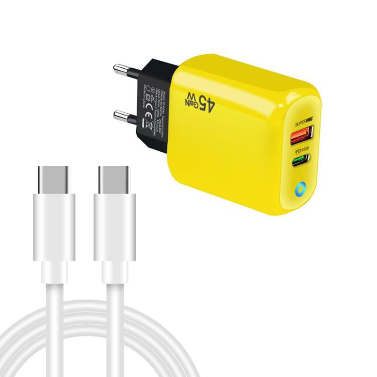Cargador TE-PD45 GaN de 45 W PD3.0 / Tipo-C + USB 3.0 con cable de datos Tipo-C a Tipo-C, enchufe europeo.