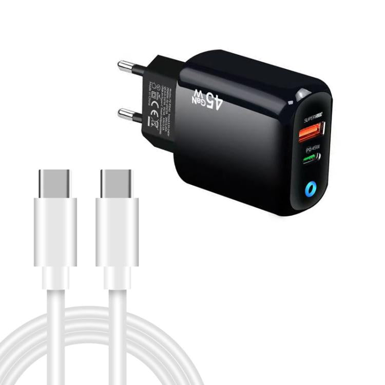 Cargador TE-PD45 GaN de 45 W PD3.0 / Tipo-C + USB 3.0 con cable de datos Tipo-C a Tipo-C, enchufe europeo.