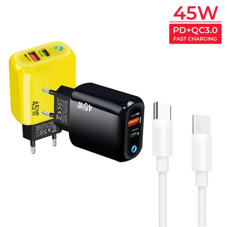 Cargador TE-PD45 GaN de 45 W PD3.0 / Tipo-C + USB 3.0 con cable de datos Tipo-C a Tipo-C, enchufe europeo.